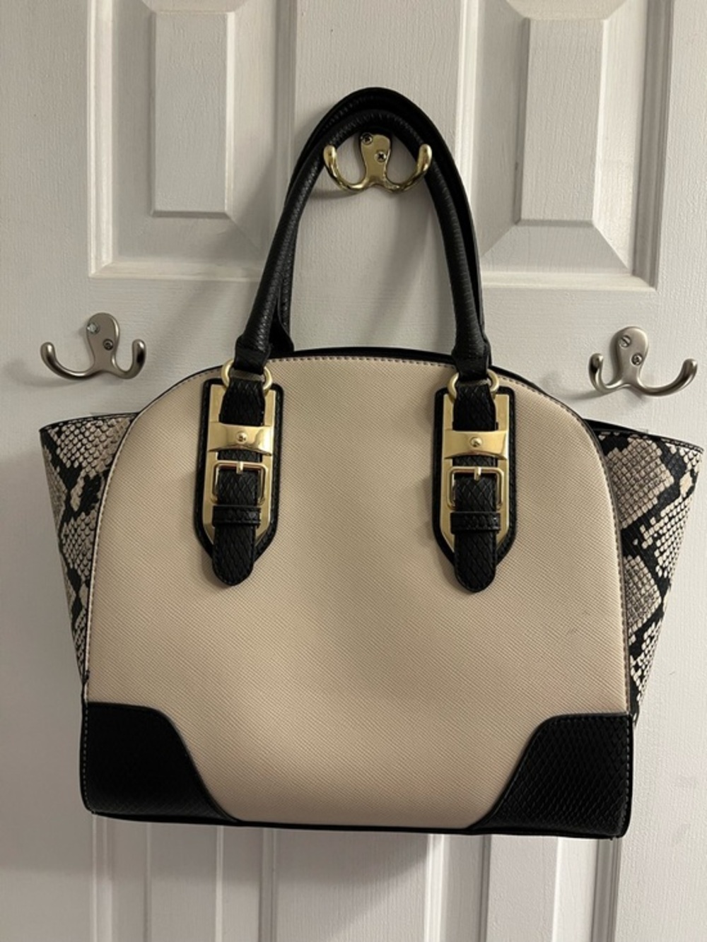 Apt 9 Cream and Black Structured Satchel Handbag with Snake-Print Sides